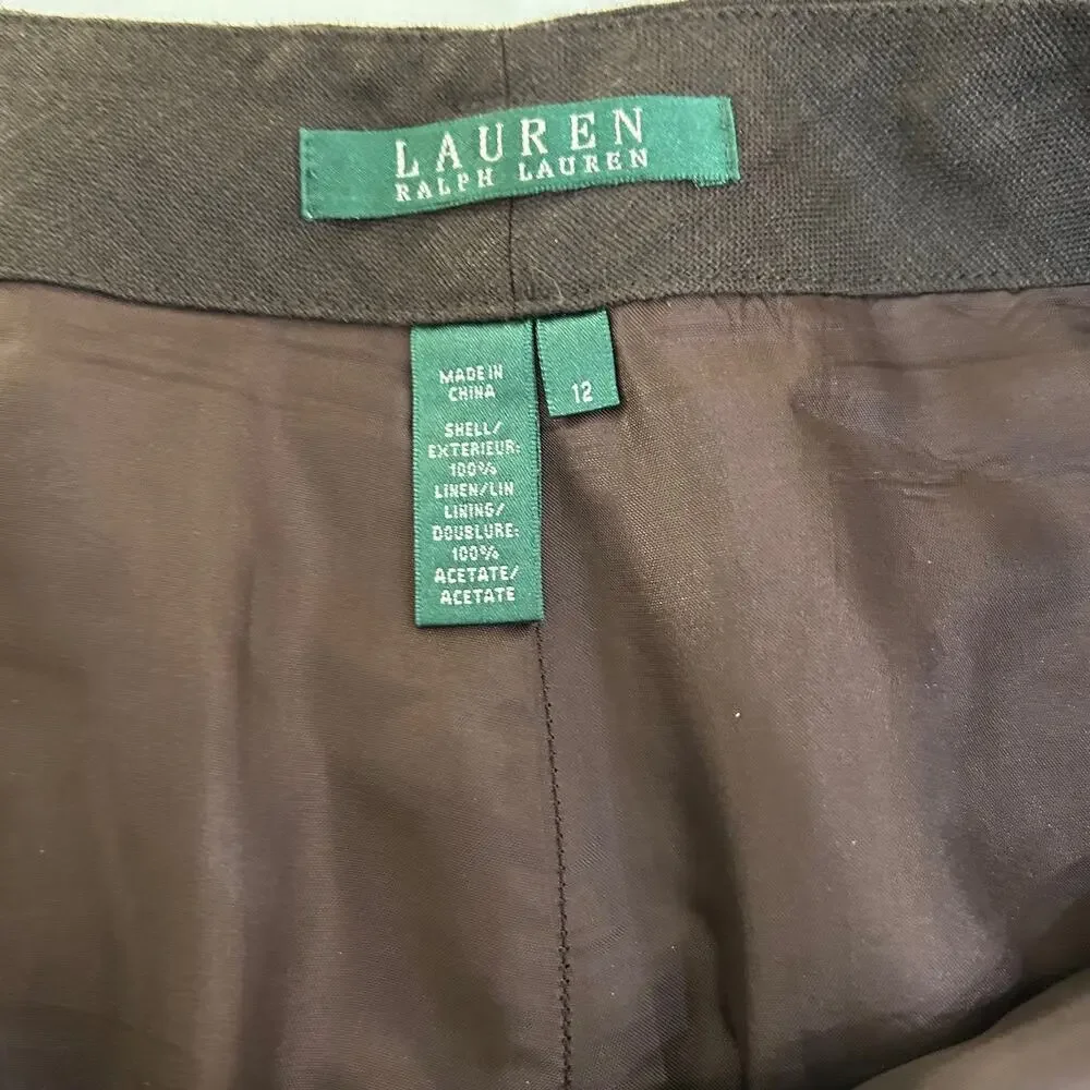 Lauren Ralph Lauren Linen Wide Leg Pants Brown Flat Front Trouser Women 12 - Picture 7 of 8